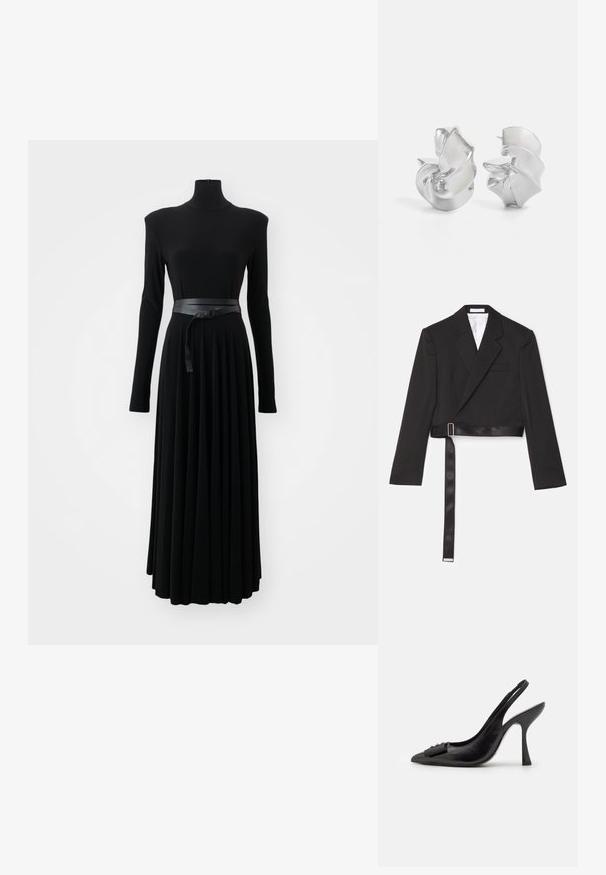 Czarna skórzana Marynarka o dopasowanym kroju, z podwójnym zapięciem z przodu, ostrymi klapami i paskiem o satynowym wykończeniu zapinanym na metalowy klamrę.; Norma Kamali - Sukienka z dżerseju; Czółenka na obcasie z czarnej skóry z odkrytym piętą, o ostrym nosku, smukłym wysokim obcasie i dekoracyjną kokardą. Gładka tekstura i elegancki design.; Srebrna, metaliczna torebka na ramię o gładkiej fakturze, zakrzywionym kształcie, łańcuszkowym pasku oraz wypolerowanej przedniej części z delikatnym grawerem logo.; Srebrne kolczyki o płynnych, spiralnych wzorach. Gładka faktura z polerowanym wykończeniem. Posiadają subtelną poświatę i brak widocznych ozdób.