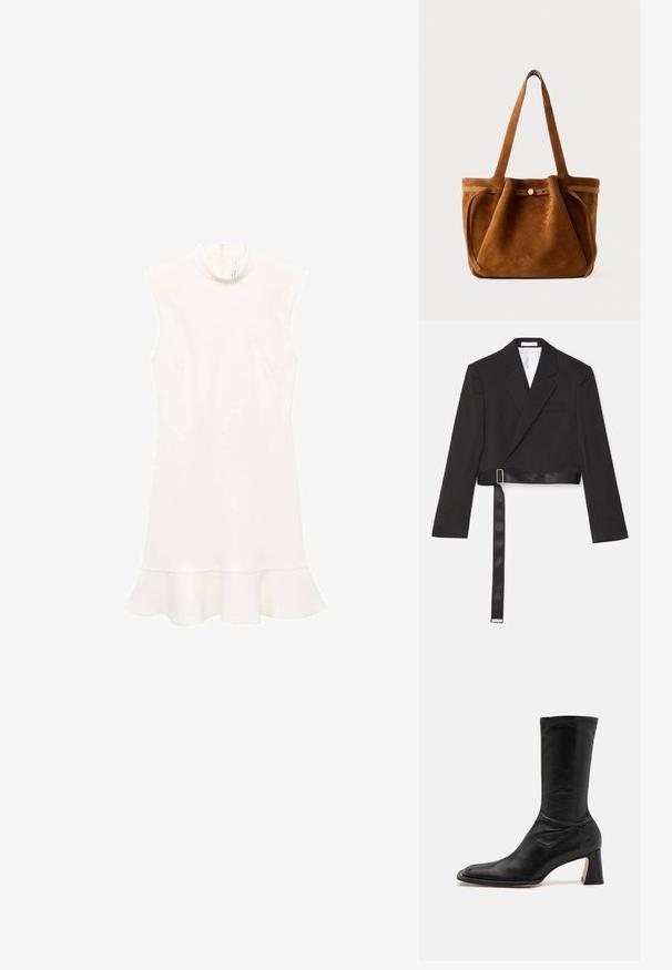 Čierny skrátený blazer s elegantným dizajnom, dvojradovým zapínaním, ostrými klopami a pásom na dotyk saténu, ktorý je zabezpečený kovovou sponou.; Biele bezrukávové šaty s vysokým golierom, so splývavým lemom a hladkým povrchom. Jednoduchý dizajn bez vzorov alebo viditeľného hardvéru.; Čierna kožená členková obuv s priliehavým zvrškom, špicatou špičkou a hrubým podpätkom. Vyznačuje sa hladkou textúrou a minimálnym švíkom.; Hnedá semišová taška s dvoma uchami, uzatváraním na gombík a uvoľneným, mierne splošteným tvarom.
