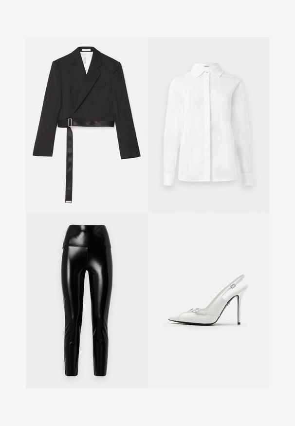 Sort cropped blazer med et elegant design, dobbeltknap foran, skarpe revers og et bælte i satinlook, der er fastgjort med en metalspænde.; Hvid langærmet skjorte lavet af glat bomuld, med spidse kraver, central knaplukning og lige skæring i kanten med knapne kufferter.; Sorte faux læder leggings med høj talje, glat tekstur, tætsiddende ben og en blank finish. Ingen synlige sømme eller udsmykninger.; Hvid patenteret læderslippers med spids tå, slank høj hæl og dekorative spændeaccents på forfoden.