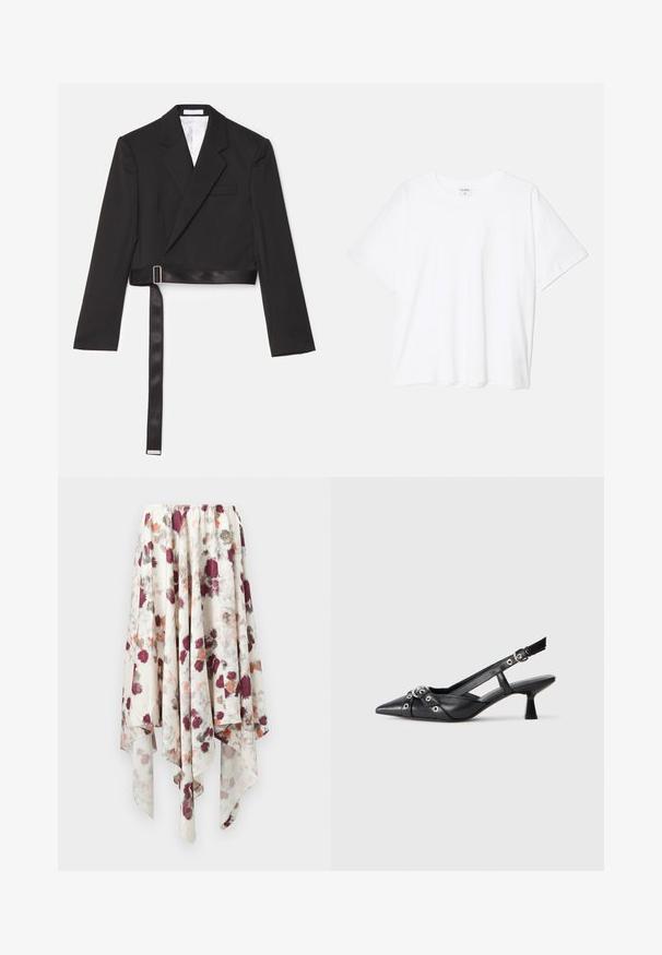 Blazer negru scurt cu un design elegant, cu închidere dublă în față, rever ascuțit și o curea cu aspect satinat, prinsă cu o cataramă din metal.; Tricou alb din bumbac, cu mâneci scurte, guler rotund, croi lejer și tiv cusut. Eticheta este vizibilă pe interiorul gulerului.; Fustă cu tiv în formă de batistă, de culoare albă, cu un imprimeu floral în nuanțe de vișiniu, gri și portocaliu, realizat în stil acuarelă, având un brâu elastic.; Pantofii slingback din piele neagră, cu vârful ascuțit, curele decorative cu ochiuri din metal și toc bloc mic. Suprafață texturată.