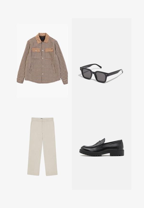 Houndstooth pattern jacket in brown and beige, featuring a corduroy collar, two chest pockets, and silver-tone snap buttons.; Light gray pullover sweatshirt with a high collar, half-zip front, and elastic cuffs. Soft fabric and relaxed fit.; White cotton t-shirt with short sleeves, crew neckline, and a relaxed fit. Smooth texture with no visible patterns or accents.; Beige wide-leg pants with a smooth texture, featuring belt loops, two front pockets, and a zip fly closure. Minimalist design.; Black leather loafers with a rounded toe, slip-on design, and thick rubber sole featuring a textured grip. Elevated heel and subtle stitching details.; Black rectangular sunglasses with dark lenses, featuring a thick frame, subtle accents on the sides, and no visible logos beyond the brand name.