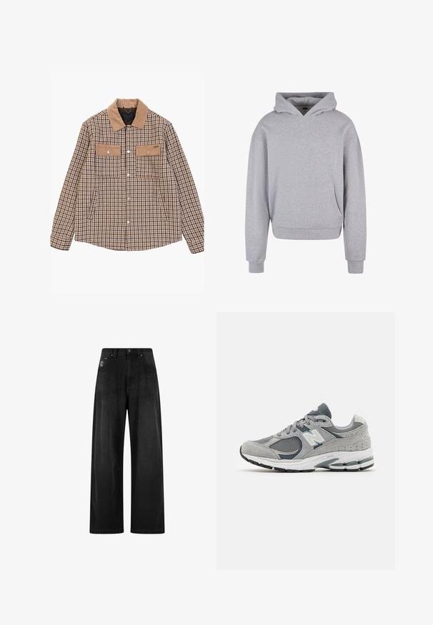 Houndstooth pattern jacket in brown and beige, featuring a corduroy collar, two chest pockets, and silver-tone snap buttons.; Gray cotton hoodie with a front pocket, drawstring hood, and ribbed cuffs and hem. Features a soft, textured finish.; Wide-leg black denim pants with a high waist, featuring four pockets and a small logo tag on the front. Smooth texture, basic design.; Gray sneaker with mesh and suede materials, featuring a white logo, padded collar, and textured rubber sole. Accents in darker gray.