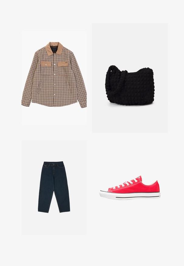 Giacca a motivo pied de poule in marrone e beige, con colletto in velluto a coste, due tasche sul petto e bottoni a scatto in tono argento.; Felpa grigia in cotone con tasca frontale, cappuccio con cordino e polsini e orlo a coste. Presenta una finitura morbida e testurizzata.; Jeans a vita alta blu scuro con una vestibilità rilassata, dotati di cinque tasche e chiusura con bottone. Realizzati in denim con una texture liscia.; Sneaker di tela rossa con punta in gomma bianca e suola. Presenta cinque coppie di occhielli bianchi, una striscia laterale nera e una superficie texturizzata.; Borsa in tessuto nero con un motivo trapuntato e texture. Forma arrotondata, manici corti e spessi, e una struttura morbida e flessibile.