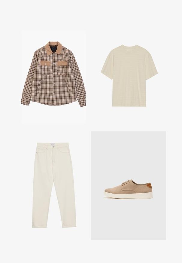 Kurtka we wzór houndstooth w kolorze brązowym i beżowym, z kołnierzem ze sztruksu, dwoma kieszeniami na piersi oraz srebrnymi zatrzaskami.; Kremowa, krótko rękawowa koszulka z delikatną teksturą w paski i okrągłym dekoltem, wykonana z lekkiego materiału.; Beżowe dżinsy o prostym kroju, z pięcioma kieszeniami, zapięciem na guzik i subtelnymi detalami ściegów. Gładka faktura.; Beżowe zamszowe sneakersy z okrągłym noskiem, sznurowanym przodem i teksturowanym akcentem na tyle. Biała gumowa podeszwa tworzy kontrast. Prosty i nowoczesny design.