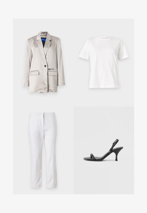 Világos bézs blézer selyem anyagból, egygombos záródással, két zsebbel és diszkrét márkajelzéssel a bal zseben.; Fehér pamut póló rövid ujjakkal, kerek nyakkivágással és laza szabással. Sima textúra, nincsenek minták vagy díszítések, minimalista dizájn.; Fehér pamut nadrág egyenes lábformával, közepes derékkal, látható fémrészek vagy minták nélkül. Sima textúra az egész anyagon.; Fekete bőrből készült, magassarkú szandál, vékony, ívelt sarokkal és keresztben átkötött pántokkal. Állítható bokapánt. Sima felület.