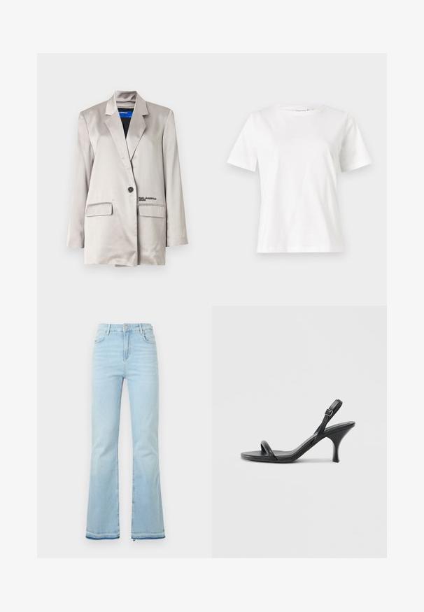 Sacou bej deschis din material satinat, cu închidere cu un singur nasture, două buzunare și un branding subtil pe buzunarul din stânga.; Tricou alb din bumbac cu mâneci scurte, guler rotund și o croială relaxată. Textură netedă, fără imprimeuri sau accente, design minimalist.; Jeanși evazați de culoare bleu deschis, fabricați din denim, cu talie înaltă, buzunare frontale și margini brutale la mansete pentru un look casual.; Sandale cu toc înalt din piele neagră, cu un toc subțire și curbat și un design cu curea încrucișată. Curea la gleznă ajustabilă. Textură netedă.