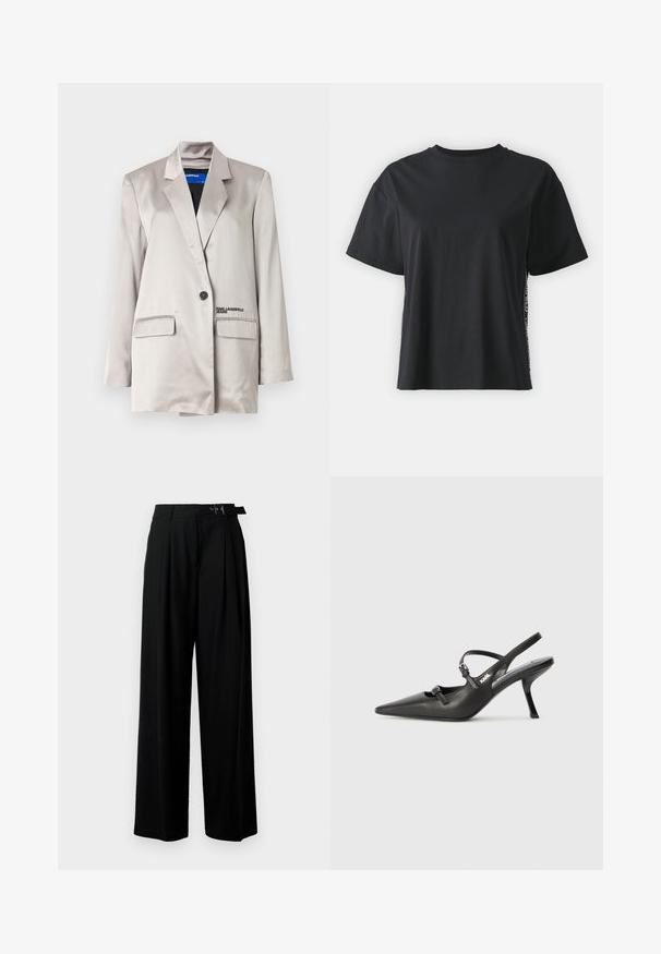 Gaiši beige žakets no satīna auduma, ar vienu pogu aizdari, divām kabatām un diskrētu zīmolu uz kreisās kabatas.; Melna īsām piedurknēm kokvilnas t-kreklu ar brīvu piegriezumu un kontrastējošu sānu paneli, kas satur nelielu tekstu un dizaina detaļas.; Melni plaši bikses ar augsto jostasvītru, priekšā ar krokojiem un jostu ar sprādzi. Izgatavotas no gludas, vieglas auduma.; Melnas ādas slingback papēži ar norādītu purngalu, izsmalcinātu papēdi un dekoratīvu sprādzi uz priekšpuses. Gluda tekstūra un elegants dizains.
