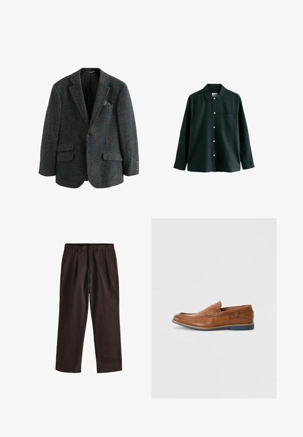 Wollmischung Blazer in Dunkelgrau mit einem Karo-Muster in Blau und Grün, ausgestattet mit zwei vorderen Taschen, Reverskragen und Knopfdetails.; Dunkelgrünes Hemd mit Knöpfen, einem Kragen, langen Ärmeln und einer einzelnen Brusttasche; verfügt über weiße Knöpfe und eine weiche Textur.; Next EDIT - REGULAR FIT - Stoffhose - brown; Braune Lederloafers mit runder Spitze, gesteppten Akzenten und einer niedrigen Gummisohle. Das Design verfügt über ein Band über dem oberen Teil.