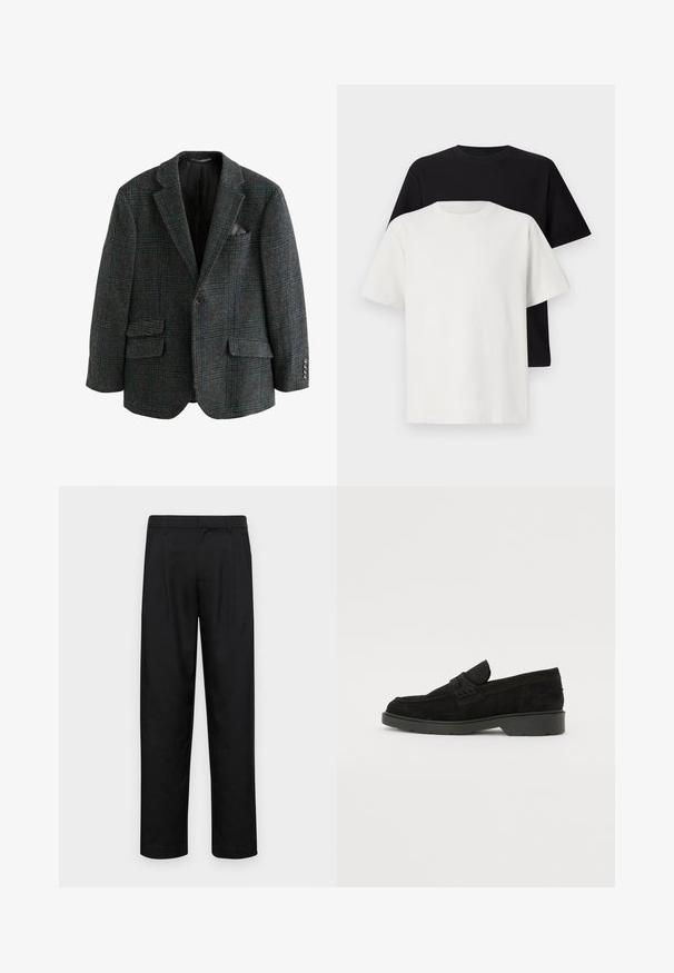 Blazer in misto lana di colore grigio scuro con un motivo a quadri blu e verde, dotato di due tasche frontali, rever a punta e dettagli con bottoni.; Set di t-shirt in cotone composto da una maglietta nera e una bianca, entrambe con maniche corte, scollatura rotonda e vestibilità standard. Tessuto testurizzato.; Pantaloni neri realizzati in tessuto liscio, caratterizzati da un taglio dritto, due pieghe frontali e una vita standard con passanti per la cintura.; Mocassini in suede neri con tacco basso, dotati di una semplice fascia sulla parte superiore e dettagli testurizzati lungo i lati.