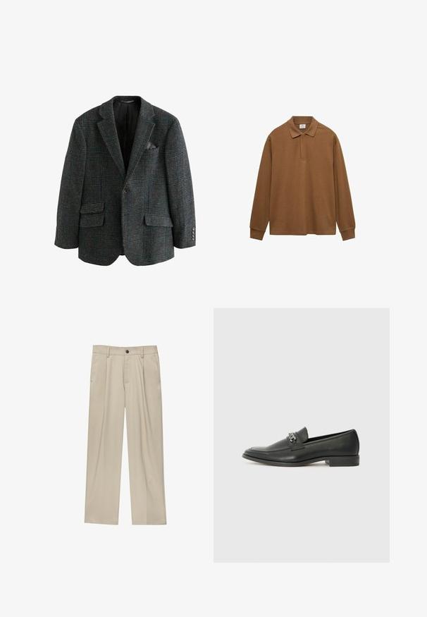 Blazer z vlněné směsi v tmavě šedé barvě s kostkovaným vzorem v modré a zelené, se dvěma předními kapsami, klopami a knoflíkovými detaily.; Hnědá polo košile s dlouhým rukávem vyrobená z bavlny, s límečkem, knoflíkovou légou a pružnými manžetami; hladká textura a volný střih.; Béžové kalhoty klasického střihu, se jedním černým knoflíkem, poutky na opasek a bočními kapsami. Hladká textilie a minimalistický design.; Černé kožené mokasíny s hladkým povrchem, s prošívaným designem a dekoračním kovovým řetízkem přes nárt. Plochý podpatek.