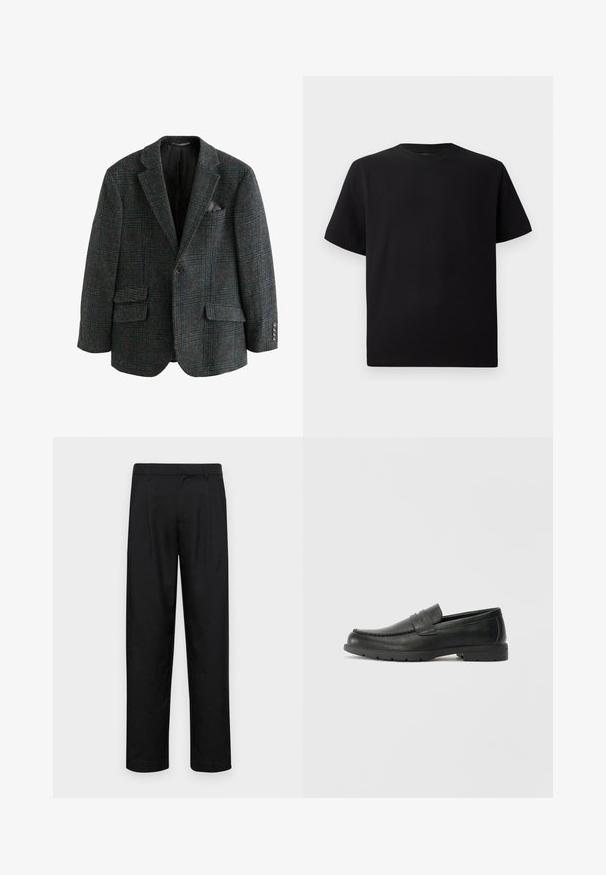 Blazer in misto lana di colore grigio scuro con un motivo a quadri blu e verde, dotato di due tasche frontali, rever a punta e dettagli con bottoni.; T-shirt corto nero a maniche corte realizzato in tessuto testurizzato, con scollatura rotonda e vestibilità comoda. Semplice, senza motivi o dettagli.; Pantaloni neri realizzati in tessuto liscio, caratterizzati da un taglio dritto, due pieghe frontali e una vita standard con passanti per la cintura.; Mocassini neri in pelle con una finitura liscia, parte superiore in stile mocassino, dettagli cuciti e suola in gomma. Design classico con tacco basso.