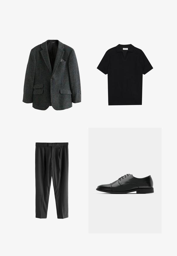 Blazer in misto lana di colore grigio scuro con un motivo a quadri blu e verde, dotato di due tasche frontali, rever a punta e dettagli con bottoni.; Polo shirt nera a maniche corte in tessuto texturizzato a coste, con scollo a V e orlo dritto. Nessun logo o motivo visibile.; Next REGULAR FIT -CHECK SMART - Chino - black; Scarpa da uomo in pelle nera con punta rotonda, design con lacci, dettagli di cucitura discreti e tacco basso. Texture liscia con finitura lucida.