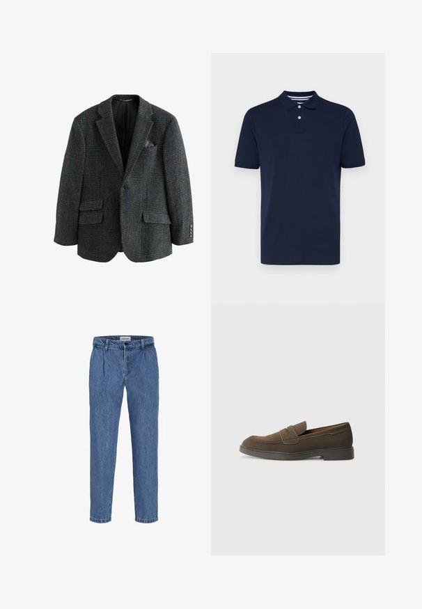 Sakó z vlnenej zmesi v tmavo sivej farbe s kockovaným vzorom v modrej a zelenej farbe, so štyrmi prednými vreckami, klopovými goliermi a gombíkovými detailmi.; Námornícky modrá polo košeľa s krátkym rukávom vyrobená z bavlny, s golierom a tromi gombíkmi a jemnými horizontálnymi pruhmi na golieri.; Svetlomodré džíny s uvoľneným strihom, s vysokým pásom, dvoma prednými záhybmi a obrubovaným lemom. Jednoduché zapínanie na gombík a zips.; Hnedé semišové loafery s okrúhlou špičkou, pásikom na prednej časti a plochou gumovou podrážkou. Jednoduchý dizajn s čistými líniami a minimálnym detailovaním.