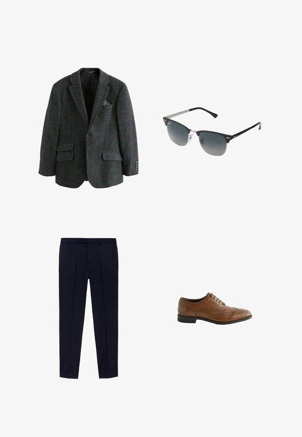 Wool blend blazer in dark gray with a plaid pattern in blue and green, featuring two front pockets, notched lapels, and button accents.; Pack of three t-shirts: one black and two white. Each has a crew neck, short sleeves, and is made of smooth cotton fabric.; Navy blue trousers with a flat front design, made of smooth fabric. Featured details include two side pockets and a zip fly with button closure.; Brown leather dress shoe with intricate broguing details, round toe, and flat heel. Features five lace eyelets and a smooth texture.; Black and silver sunglasses with a cat-eye shape, gradient lenses, and metallic accents on the frame. Plastic arms with grey tips.