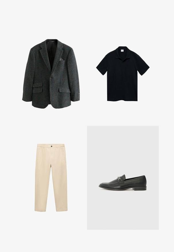 Wollmischung Blazer in Dunkelgrau mit einem Karo-Muster in Blau und Grün, ausgestattet mit zwei vorderen Taschen, Reverskragen und Knopfdetails.; Mango Poloshirt - royal blue; Beige, lässige Hose aus einem weichen Stoff; mit elastischem Bund, Seitentaschen und geradem Schnitt.; Schwarzer Lederloafer mit glatter Oberfläche, ausgestattet mit einer gesteppten Gestaltung und einem dekorativen Metallkettendetail über dem Vorderblatt. Flacher Absatz.