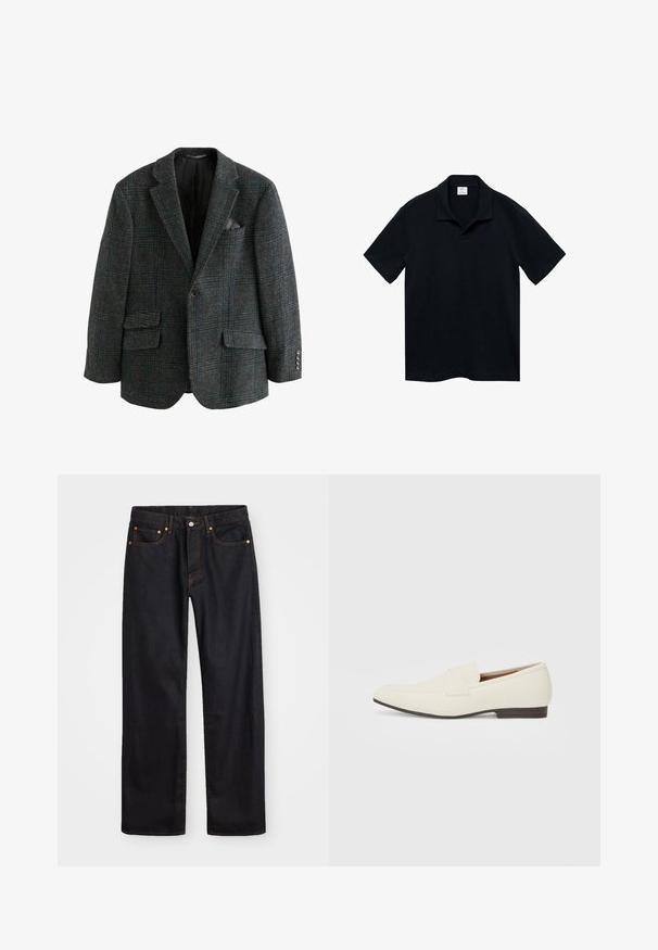 Wool blend blazer in dark gray with a plaid pattern in blue and green, featuring two front pockets, notched lapels, and button accents.; Mango Polo shirt - royal blue; Men’s straight-leg black denim jeans with five pockets and orange stitching, button and zip closure on front waistband.; Light beige loafers with a pointed toe, smooth material, a strap across the vamp, and a low brown sole. Simple design with minimal accents.
