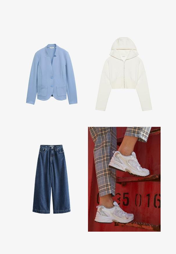 Světle modré sako vyrobené z texturované tkaniny, s límečkem bez designu, dvěma předními kapsami a odpovídajícími knoflíkovými zapínáními.; Bílá zkrácená zipová mikina s kapucí, měkká látka, dlouhé rukávy a ševový detail vpředu. Hladký povrch a kovový zip.; Bílý krátký rukáv tričko vyrobené z hladkého materiálu, s kulatým výstřihem a jemnými švy na lemu.; Široké džíny tmavě modré barvy. Vyrobeny z pevného bavlněného materiálu, mají vysoký pas, přední kapsy a rovné, zkrácené nohavice s viditelným švem.; Bílé síťované tenisky se stříbrnými akcenty a texturovanou podrážkou, umístěné na červeném povrchu, zkombinované s kostkovanými kalhotami.
