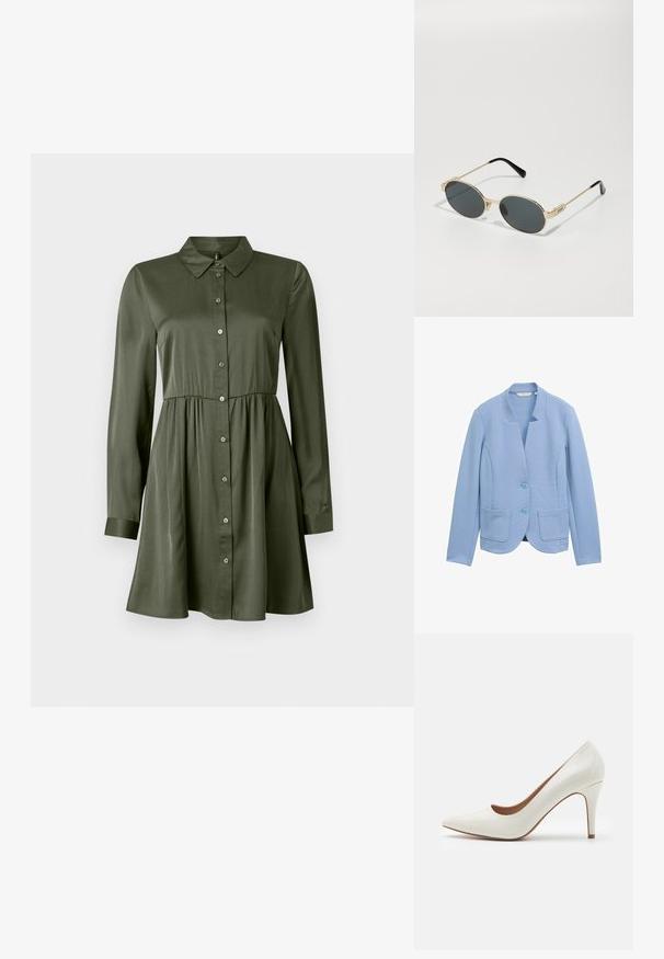 Svijetloplavi sako izrađen od teksturiranog materijala, bez ovratnika, s dvije prednje džepove i odgovarajućim dugmadima.; Haljina dugih rukava u maslinasto zelenoj boji s dugim gumbima, uskim strukom i kragnom, blago raširenim suknjama i rukavima s manžetama.; Bijela lakirana kožna cipela s visokom potpeticom, zašiljenog vrha i glatke površine, s vitkom potpeticom i niskim izrezom oko otvora.; Zlatne metalne sunčane naočale s ovalnim lećama i tamno obojenim lećama. Crni acetatni vrhovi na krakovima. Ime brenda "QUAY" sa strane.; Michael Kors novčanik na zapešću u bež premazanoj tkanini s ponavljajućim uzorkom MK loga, zlatnim hardverom i odvojivim lancem za nošenje.
