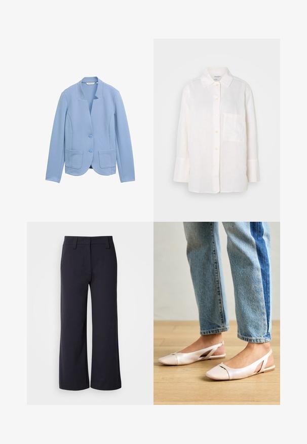 Svetlomodrý blazer vyrobený z textúrovanej látky, s bezgolierovým dizajnom, dvoma prednými vreckami a zodpovedajúcimi gombíkmi na zapínanie.; Biela, ľahká ľanová košeľa s dlhým rukávom a golierom na zapínanie. Má predné vrecko a uvoľnený, mierne nadmerný strih. Textúrovaná tkanina.; Široké nohavice v tmavom námorníckom odeve. Majú plochý predný diel, pútka na opasok a bočné vrecká. Materiál je hladký s miernym elastickým efektom.; Svetloružové slingback baleríny s jemne špicatou špičkou, vyrobené z hladkého materiálu pripomínajúceho kožu. Majú výrezové detaily na stranách a plochý opätok.