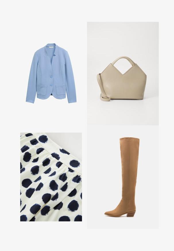 Lichtblauwe blazer van textuurstof, met een kraagloos ontwerp, twee voorzakken en bijpassende knoopsluitingen.; Lange mouw crew t-shirt in effen lichtblauwe katoen. Bevat een ronde halslijn en eenvoudige stiksels. Etiket luidt "NEXT," maat S.; Witte stoffen rok met marineblauwe ronde stippen. De rok heeft een gathered taille en een gladde textuur.; Kniehoge tankleurige laarzen gemaakt van een glad materiaal met een puntige neus en een lage gestapelde hak. Eenvoudig ontwerp, geen zichtbare patronen of accenten.; Beige gestructureerde handtas met een V-vormige bovenkant, van glad leder, korte handvatten en een lange verstelbare schouderriem. Minimalistisch ontwerp.