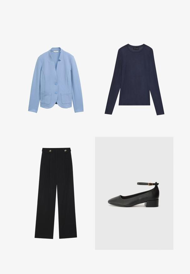 Blazer bleu deschis realizat dintr-un material texturat, cu un design fără guler, două buzunare frontale și închideri cu nasturi asortați.; Top de culoare bleumarin cu mânecă lungă, fabricat dintr-un material fin și ușor. Are un decolteu rotund și detalii cu cusături pe mâneci și pe laterale.; Pantaloni negri cu picioare largi, talie înaltă, detalii cu butoane pe talie și pliseuri în față.; Pantof cu toc negru din piele, cu vârf ascuțit și toc mic pătrat. Dispune de o curea la gleznă cu o cataramă în tonuri de aur. Textură netedă.