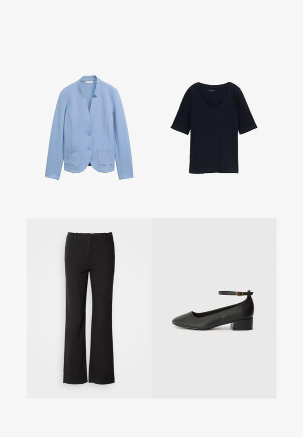 Hele sinine bleiser tekstureeritud kangast, ilma krae disainiga, kahe esipocketiga ja vastava nööpidega.; Tumesinine lühikeste varrukatega T-särk V-kaelusega, valmistatud tekstuurse kangaga, regulaarse lõikega. Märkimisväärseid mustreid või aktsente ei ole.; Mustad puuvillasegu püksid sirge lõikega, ees nupuga kinnitamine ja kaks külge taskut. Sile tekstuur, nähtavaid mustreid ei ole.; Must mustaapp, millel on terav nina ja madal blokk-kand. Omab pahkluu rihma koos kuldse tooni pandlaga. Sile tekstuur.