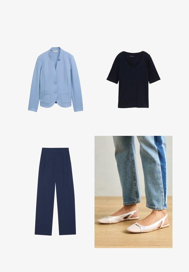 Gaiši zils žakets no teksturētas auduma ar apkakles dizainu, divām priekšējām kabatām un atbilstošām pogām.; Tumši zila īsām piedurknēm T-krekls ar V veida kakla izgriezumu, izgatavots no teksturētas auduma ar regulāru piegriezumu. Redzamu izteiksmīgu rakstu vai akcentu nav.; Tumši zili platleņķa bikses, kas izgatavotas no mīksta auduma, ar priekšējo krokām, gludu tekstūru un taisnu piegriezumu bez redzamām kabatām.; Bālti rozā siksniņu dzīvokļi ar smailu purngalu, izgatavoti no gludas ādas līdzīgās materiāla. Iezīmē izgriezumu detaļas sānos un platu papēdi.