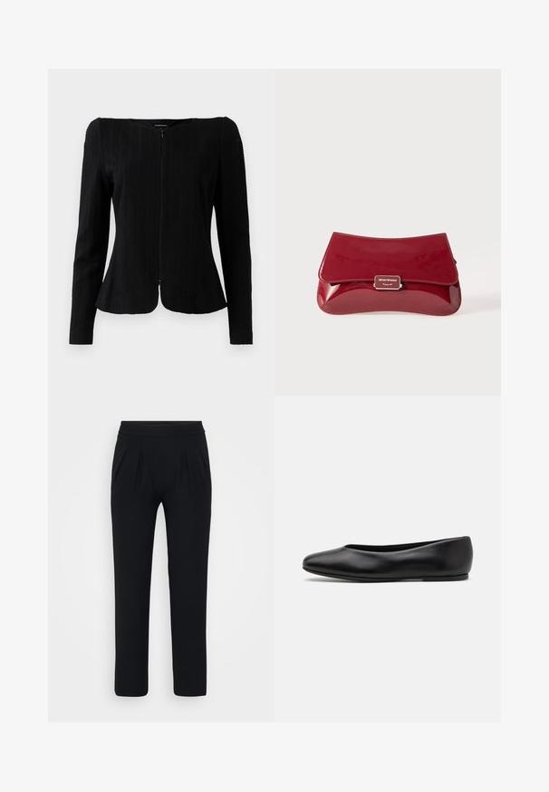 Črn dolg rokav teksturirana jakna s sprednjim zadrgo in rahlo razširjenim robom, prikazana na belem ozadju.; Modra satenska bluza s kratkimi rokavi, kvadratnim dekoltejem in zadrgo na hrbtni strani. Gladka tekstura in nekoliko ohlapen kroj.; Črne široke hlače iz gladkega materiala. Imajo elastičen pas in dva sprednja pregiba. Brez vidnih vzorcev ali dodatkov.; Paul Smith TOPANGA - Balerinke - black; Rdeča lakasta usnjena torbica z ukrivljenim dizajnom, preklopnim pokrovom in kovinskim logotipom na srebrni plaketi. Gladka, sijajna tekstura.