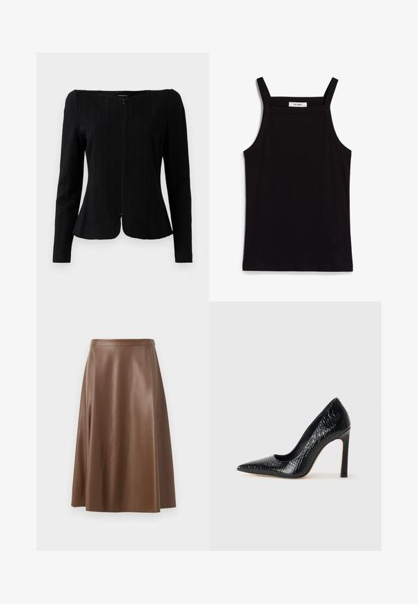 Chaqueta negra de manga larga con textura, con cremallera frontal y dobladillo ligeramente acampanado, presentada sobre un fondo blanco.; Top negro sin mangas con tirantes finos, hecho de una tela acanalada, que presenta un corte recto y una etiqueta en el cuello que dice "IVY OAK".; Falda de cuero marrón en corte A con una textura suave y un dobladillo de longitud media. Presenta una cintura ajustada y un ligero vuelo desde las caderas.; Zapato de tacón alto negro con punta afilada y textura de piel de cocodrilo, que presenta un diseño elegante, un alto tacón de aguja y un interior negro suave.