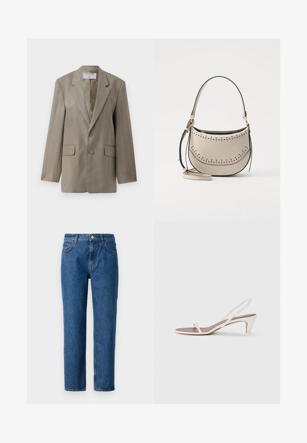 Filippa K Žakete - khaki beige; Balts ribots īsām piedurknēm T-krekls ar apaļu kaklu. Audumam ir gluda virsma un tas ir pieguļošs. Zīmola etiķete redzama pie apkakles.; Zila denim džinsu bikses ar taisnu kāju griezumu, kas aprīkotas ar pogu aizdari, jostas cilpiņām un priekšējiem kabatām. Izgatavotas no teksturēta kokvilnas auduma.; Baltas siksnas sandales ar nelielu papēdi, plānām siksniņām un gludu ādas tekstūru; ar nelielu dekoratīvu sprādzi.; Vanessa Bruno MINI DAILY BAG - Rokassoma - ivoire