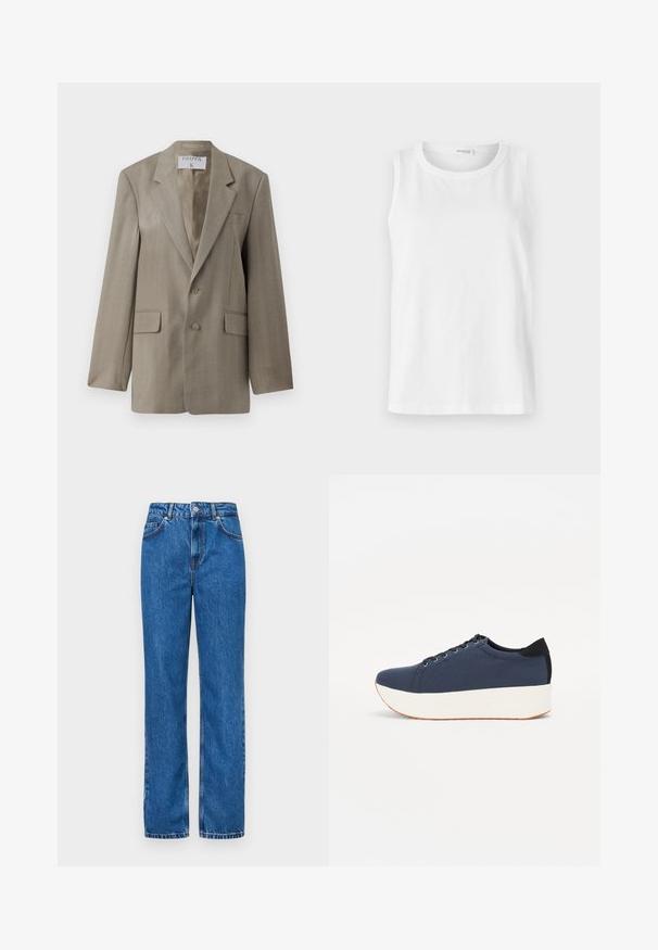 Filippa K Sacou - khaki beige; Top alb fără mâneci, realizat din bumbac moale. Are un decolteu rotund și o tăietură dreaptă. Design simplu, fără modele sau accente vizibile.; Jeans din denim albastru cu un design cu talie înaltă, siluetă dreaptă, accente de cusături albe și o închidere clasică cu nasture la talie.; Sneaker albastru închis, cu un material texturat pe partea superioară, talpă platformă albă, vârf rotunjit și accent de călcâi negru. Dispune de șase găuri pentru șireturi.