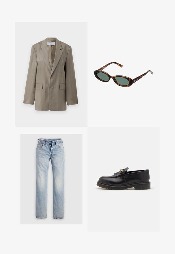 Filippa K Blejzr - khaki beige; Bílé bavlněné tričko s krátkými rukávy, kulatým výstřihem a hladkou texturou. Zadní strana je jednoduchá bez dalších vzorů nebo designů.; Světle modré džíny z denimu s rovnými nohavicemi, pěti knoflíky v pase a zadními kapsami s jemným prošíváním.; Černé kožené mokasíny s kulatou špičkou, dekorativním třásněním a zlatými detaily. Silná gumová podešev pro lepší trakci a odolnost.; Sluneční brýle ve hmotě želvoviny s oválnými obroučkami a zelenými čočkami. Mají tenké stranice s metalickým akcentem u závěsů.; DRAGON DIFFUSION MINI FLAT GORA - Kabelka - dark brown