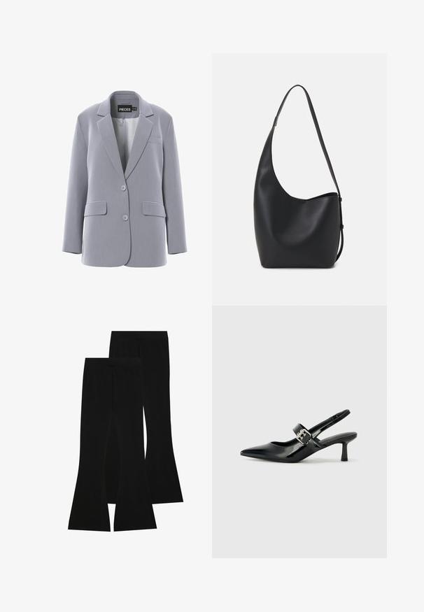 Grå blazer laget av glatt stoff som har reverskrage, to frontlommer, to knapper og en enkelt brystlomme.; Svart høyhalset langermet topp, laget av ribbestrikket stoff, har en tettsittende design med høy hals og uten mønstre eller dekorasjoner.; Svarte flagrende bukser laget av elastisk stoff, med høy livlinje og en jevn tekstur, samt en tettsittende design som flarer fra kneet.; Svarte patent lær slingback hæler med spiss tå og en liten blokkheel, med en sølvspenne som detalj på stroppen.; Svart lær hobo-veske med glatt tekstur, buet form og enkelt justerbart stropp; har en bred åpning på toppen.
