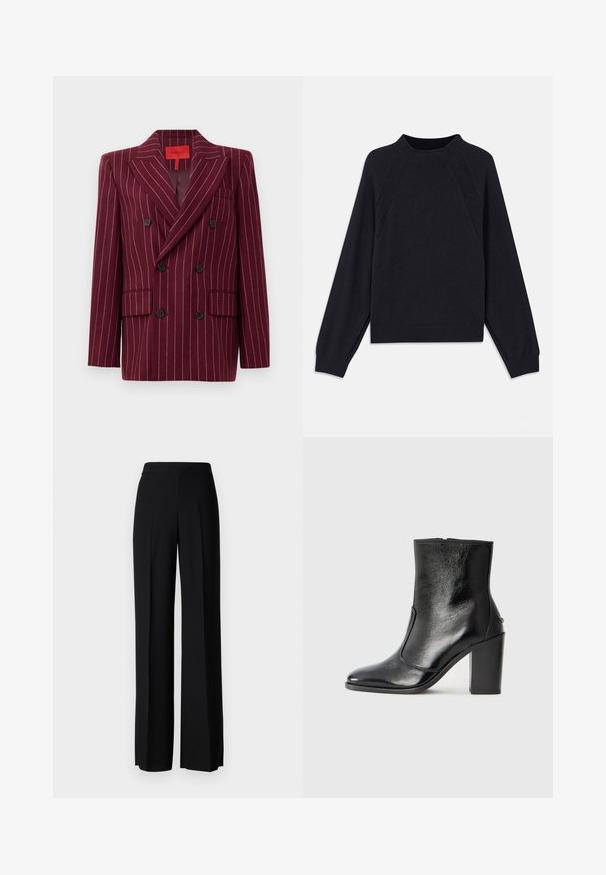 Burgundijas divrindu žaketē ar svītrām, ar iegrieztiem atlokiem, divām priekšējām kabatām un melnām pogām. Gluda tekstūra. Oderēta iekšpuse.; Tumši zilas krāsas džemperis ar apaļu kakla izgriezumu, garām raglanu piedurknēm, ribotām aprocēm un taisnu apakšu. Izgatavots no mīksta, teksturēta adījuma materiāla.; Melni platleği bikses ar gludu tekstūru, ar augstu jostasvietu un centrālajām krokām. Nav redzamu rakstu vai aparatūras detaļu.; Melnas ādas potīšu zābaki ar gludu tekstūru, smailu purngalu un masīlu augstu papēdi. Iekļauts sānu atvērums un minimālistisks dizains.