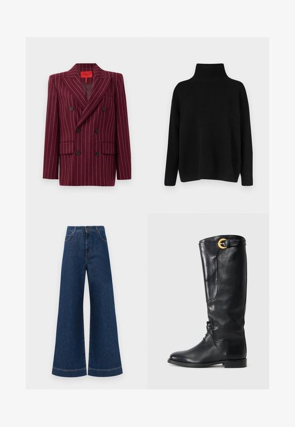 Blazer doppiopetto bordeaux con motivo a righe, con rever a punta, due tasche frontali e bottoni neri. Texture liscia. Interno foderato.; Maglione nero lavorato a maglia con collo alto a coste, spalle scese e vestibilità morbida. Presenta polsini e orlo a coste per una texture particolare.; Jeans in denim blu a gamba larga con vita alta, dotati di chiusura a bottone, passanti per cintura e dettagli di cucitura sottili lungo le tasche e i orli.; Stivale nero in pelle alta fino al ginocchio con punta tonda, chiusura stringata sul davanti, dettaglio laterale e una fibbia dorata accentata nella parte superiore. Texture liscia.