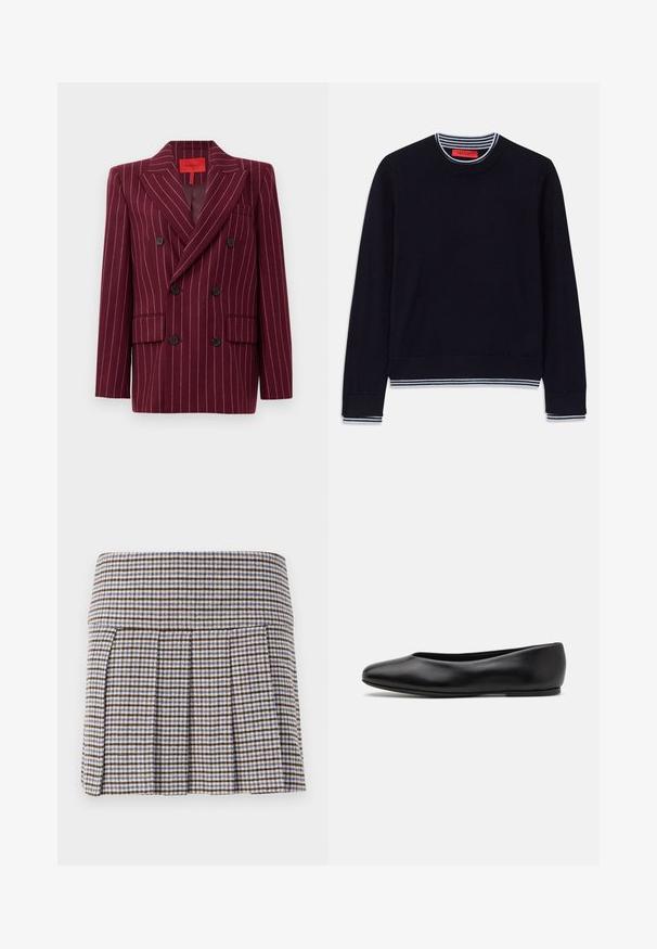 Blazer burdeos de doble botonadura con diseño a rayas, solapas de muesca, dos bolsillos frontales y botones negros. Textura suave. Interior forrado.; Suéter azul marino con un cuello redondo clásico, puños de canalé rayados y bajo. Fabricado con una tela suave de textura lisa.; Falda plisada en un patrón de cuadros marrón, beige y azul. Confeccionada en un tejido texturizado, cuenta con una cinturilla ajustada y pliegues decorativos.; Paul Smith TOPANGA - Bailarinas - black