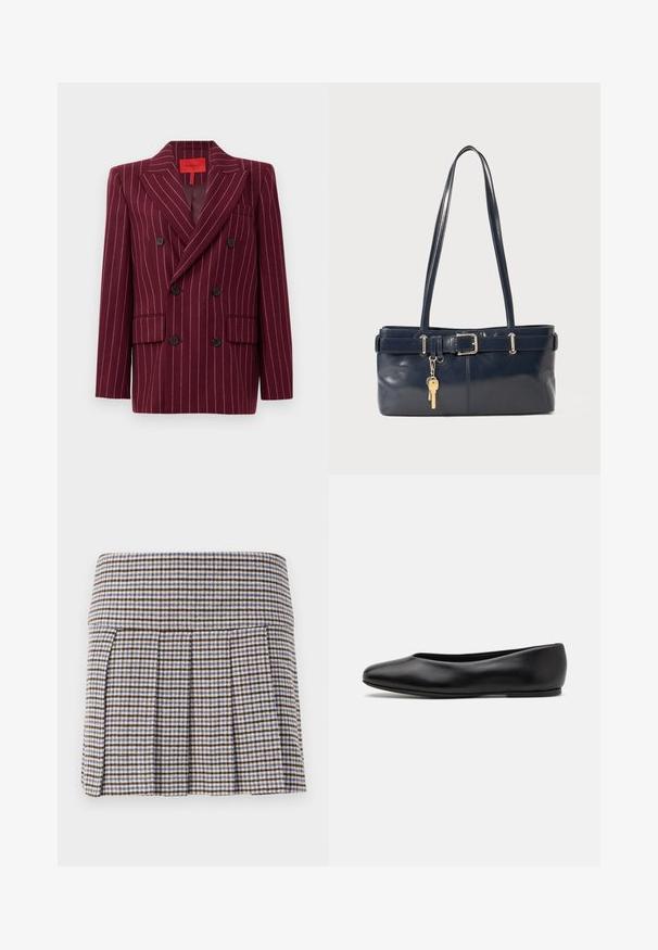 Burgundska dvoredna jakna s pinstripe vzorcem, ovratnikom z resicami, dvema sprednjima žepoma in črnimi gumbi. Gladka tekstura. Podloženo notranjost.; Mornarsko modra pulover z klasikapolkroglo ovratnikom, prugastimi rebrastimi manšetami in robom. Narejen iz mehkega blaga z gladko teksturo.; Plisirana krila v rjavi, bež in modri karirasti vzorec. Narejena iz teksturirane tkanine s prilegajočim se pasom in dekorativnimi plisi.; Paul Smith TOPANGA - Balerinke - black; Mornarska usnjena torbica z dvema dolgima ročajema, dodatkom z zaponko in pritrjeno ključavnico. Ima gladko teksturo in pravokotno obliko.