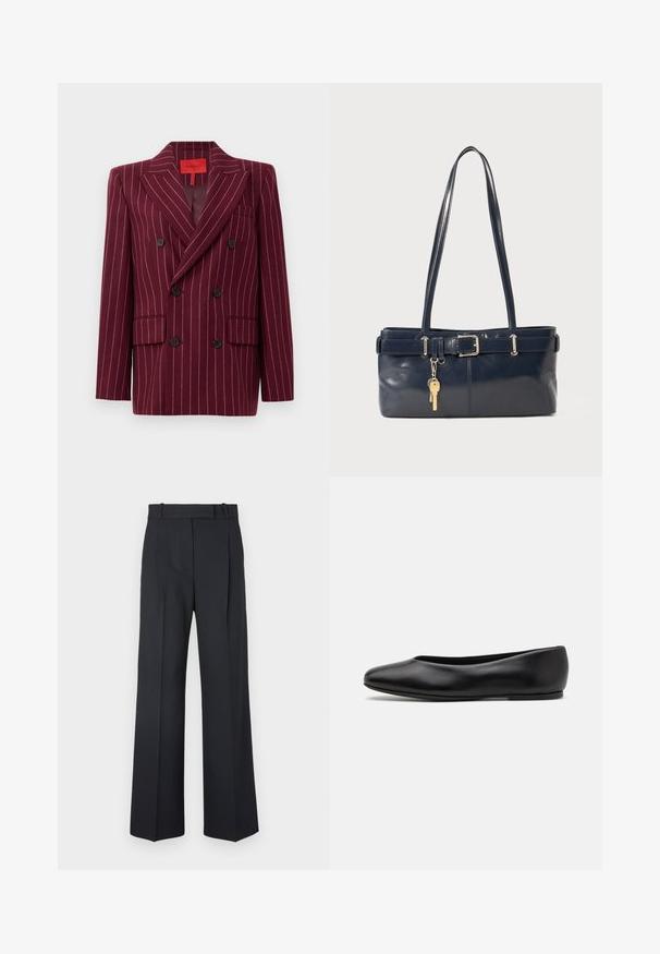 Blazer bordeaux à double boutonnage avec motif à rayures, revers crantés, deux poches avant et boutons noirs. Texture lisse. Intérieur doublé.; Haut à manches longues noir en col roulé, fabriqué en tissu lisse, présentant un col volanté et une silhouette ajustée avec des bords simples.; Pantalons rayés bleu foncé à taille haute, avec une coupe large et sans matériel ni embellissements visibles. Texture lisse et ajustement ajusté.; Paul Smith TOPANGA - Ballerines - black; Sac à main en cuir bleu marine avec deux longues poignées, un détail de boucle et un porte-clés accroché. Il présente une texture lisse et une forme rectangulaire.