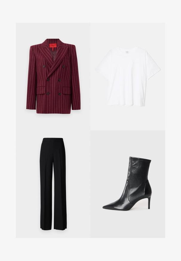 Burgunderrød dobbeltradet blazer med smalstribet mønster, spaltestropper, to frontlommer og sorte knapper. Glat tekstur. Foret inderside.; Hvid bomulds-t-shirt med korte ærmer, rund halsudskæring, afslappet pasform og stitched søm. Mærket er synligt indeni halsen.; Sorte vide benbukser med en glat tekstur, der har en høj talje og centerfolder. Ingen synlige mønstre eller hardware detaljer.; Sorte ankelstøvler lavet af glat læder, med spids tå, tætsiddende skaft og en slank høj hæl. Minimalistisk design uden synligt hardware.