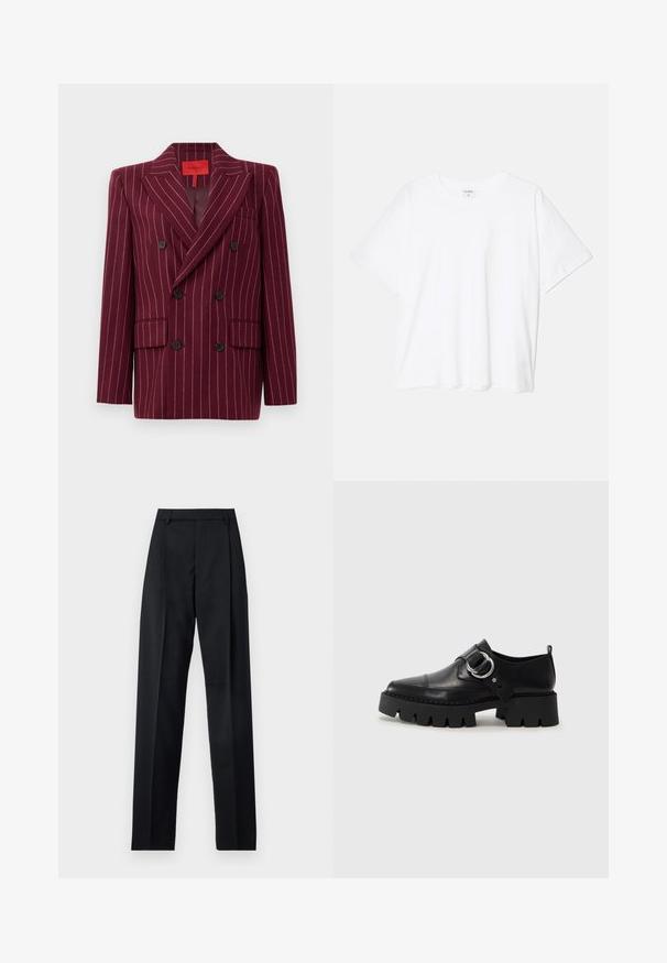 Burgunderfarbene, zweireihige Blazerjacke mit Nadelstreifenmuster, Reverskragen, zwei vorderen Taschen und schwarzen Knöpfen. Glatte Textur. Gefüttertes Innenfutter.; Weißes Baumwoll-T-Shirt mit kurzen Ärmeln, runder Halslinie, lockerer Passform und genähtem Saum. Etikett sichtbar am inneren Kragen.; Schwarze Hosen aus glattem Stoff mit hoher Taille, weitem Bein, vorderen Falten und klassischen Gürtelschlaufen. Keine sichtbaren Seitentaschen.; Schwarze Leder Schuhe mit einer dicken, gerippten Sohle, die mit einer runden silbernen Hardware-Akzent und minimalen Stickdetails ausgestattet sind.