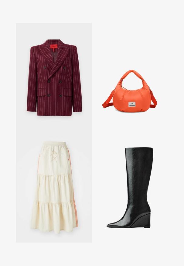 Burgundy double-breasted blazer with pinstripe pattern, notched lapels, two front pockets, and black buttons. Smooth texture. Lined interior.; Red athletic tank top with thin straps, featuring a crossover design at the bust and white side accents, made from smooth, stretchy material.; Cream-colored tiered midi skirt with an elastic waistband and drawstring. Features orange side stripes and soft, smooth cotton texture.; Knee-high black leather boots with a sleek, pointed toe and a wedge heel. The surface is smooth with a glossy finish.; Padded orange bag with a rounded shape and curved handle, featuring a detachable strap and a rectangular logo patch on the front.