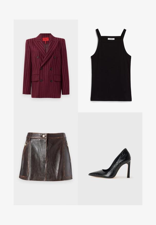 Burgundia topelt nööridega bleiser, millel on peenraid, lõikega krae, kaks esipocketit ja mustad nupud. Sile tekstuur. Vooderdatud sisu.; Must must vest, mille õhukeste spagettiratastega, ribakanga materjalist, sirge lõikega ja kaela piirkonnas sildi "IVY OAK".; Pruun nahast miniseelik, millel on stiilne disain, kaks lukuga küljetaskut ja kontrastsed õmblused servade äärtes.; Mustan teravaotsaga kõrge kontsaga king, millel on krokodillimustriga tekstuur, stiilne disain, kõrge stilettokonts ja sile must sisesisustus.