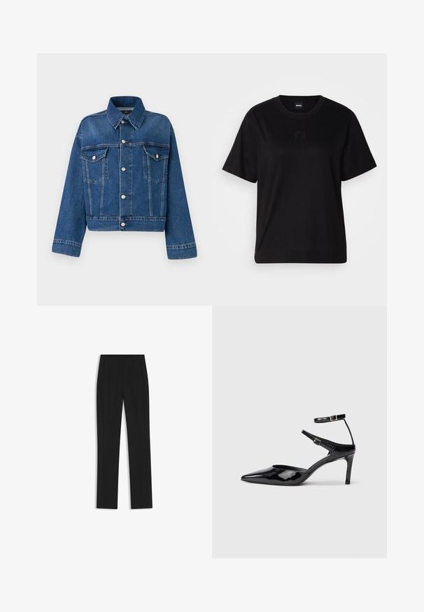 Blue denim jacket with a collared neckline, two chest pockets, button closures, and cropped design. Features contrast stitching and a textured finish.; Black cotton t-shirt with a crew neckline, short sleeves, and an embroidered logo on the chest. Simple, relaxed fit with no patterns.; Black tailored trousers with a straight-leg design, featuring front pockets and a smooth, textured fabric. Neat, minimal detailing.; Black patent leather heels with a pointed toe, adjustable ankle straps, and a slender heel. Smooth texture with a shiny finish.