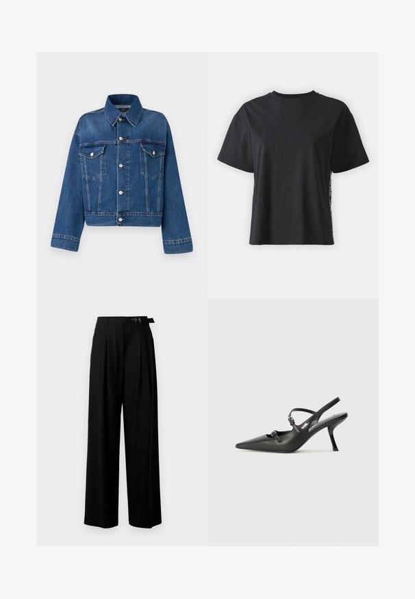 Sinine denim-jakk kraeäärega, kahe rinna-taskuga, nupuvääristustega ja lühendatud disainiga. Omab kontrastset tikandit ja tekstuurset viimistlust.; Must have lühikeste varrukatega puuvillane must T-särk, millel on lõdvestunud lõige ja kontrastne külgpanel, mis sisaldab väikest teksti ja kujunduselemente.; Mustad kõrge vöökohaga mustad laiad püksid, millel on ees voldid ja vöö, millel on pandla. Valmistatud siledast ja kergest kangast.; Must musta slingback kontsad, terava nina, peenike konts ja dekoratiivne pandla detail peal. Sile tekstuur ja stiilne disain.