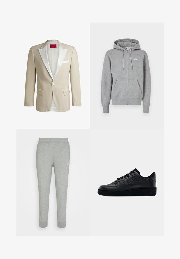 Blazer formale beige con revers in satin bianco, due tasche frontali, chiusura con un solo bottone e etichetta rossa con la scritta "HUGO" all'interno.; Felpa con cappuccio grigia con cerniera, realizzata in tessuto morbido. Presenta un cappuccio con coulisse, due tasche frontali e un piccolo logo bianco sul petto.; T-shirt grigio a maniche corte in cotone, con logo Nike nero sul petto e scollatura rotonda. Design minimalista senza pattern.; Pantaloni sportivi grigi realizzati in morbido tessuto, con design a gamba affusolata, vita elastica e piccolo logo bianco Nike sulla coscia sinistra.; Sneaker Nike Air Force 1 nera con tomaia in pelle liscia, punta perforata per la traspirabilità, lacci neri e suola in gomma testurizzata.