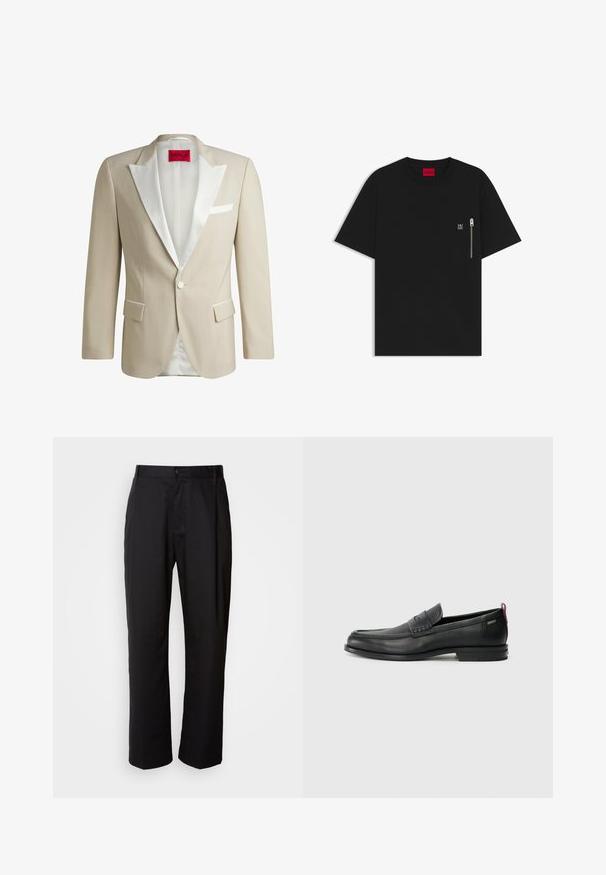 Beige jakku virallisiin tilaisuuksiin, jossa on valkoiset satiinikaulukset, kaksi etutaskua, yksi nappisulku ja punainen etiketti, jossa lukee "HUGO" sisäpuolella.; Musta T-paita, valmistettu puuvillasta, jossa on pyöreä kaula-aukko, lyhyet hihat ja rintatasku, jossa on hopeinen vetoketjusta. Pienellä logolla varustettu tasku.; Mustat suorat housut, jotka on valmistettu kevyestä kankaasta. Varustettu edessä nappikiinnityksellä ja kahdella sivutaskulla; sileä pinta.; Musta nahkakengät, joissa on teksturoitu etupaneeli ja sileät sivut. Varustettu kapealla kantapäillä ja takasilmukalla helppoa pukemista varten. Klassinen muotoilu.