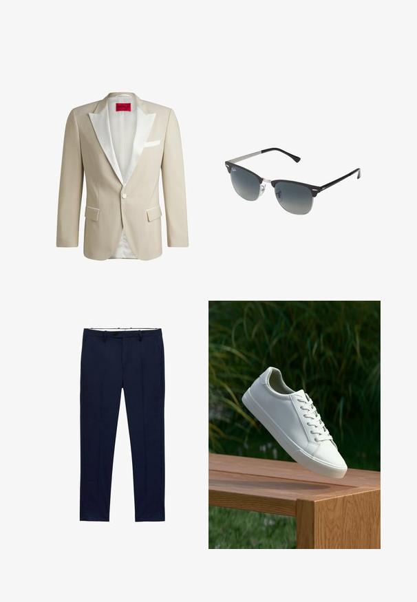 Beżowa, formalna marynarka z białymi satynowymi klapami, dwoma przednimi kieszeniami, zapięciem na jeden guzik oraz czerwoną metką z napisem „HUGO” wewnątrz.; Białe koszulki z krótkim rękawem ułożone w stos, wykonane z bawełny. Posiadają okrągły dekolt i prosty krój. Materiał wydaje się gładki, bez wzorów.; Granatowe spodnie o dopasowanym kroju z prążkowanym wzorem. Posiadają zamek błyskawiczny, szlufki na pasek oraz kieszenie z przodu. Gładka faktura materiału.; Białe sneakersy sznurowane unoszące się nad drewnianą ławką z zielonymi liśćmi w tle, ukazujące wzór i teksturę buta.; Czarno-srebrne okulary przeciwsłoneczne w kształcie kociego oka, z gradientowymi soczewkami i metalowymi akcentami na oprawie. Plastikowe ramiona z szarymi końcówkami.