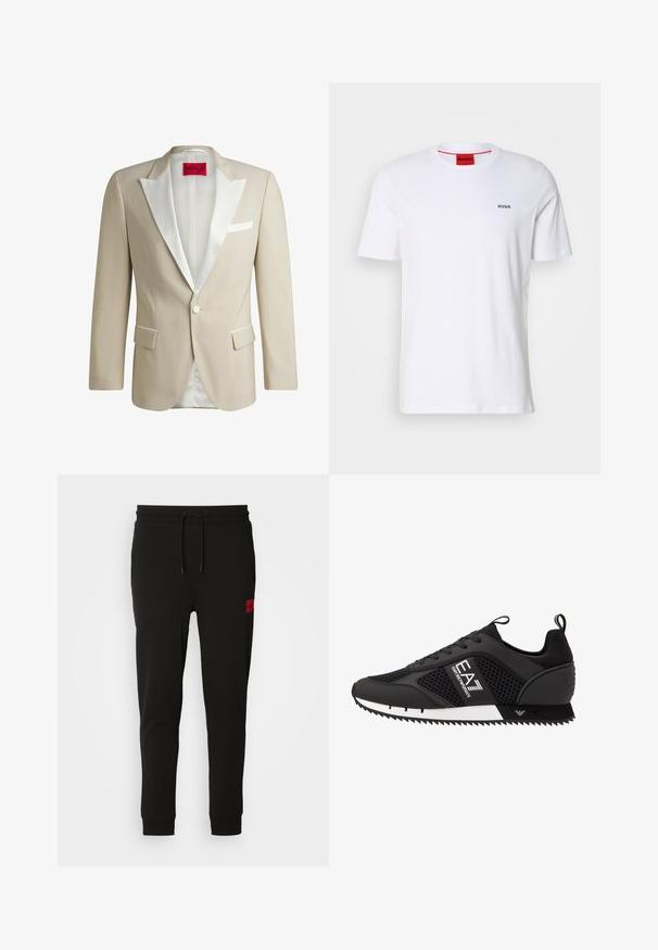 Blazer formale beige con revers in satin bianco, due tasche frontali, chiusura con un solo bottone e etichetta rossa con la scritta "HUGO" all'interno.; T-shirt bianco in cotone con maniche corte, scollatura rotonda e piccolo logo nero "HUGO" sul lato sinistro del petto. Presenta un'etichetta interna rossa.; Pantaloni felpati neri realizzati in tessuto morbido, con vita regolabile tramite cordoncino, vestibilità slim e una patch rossa con logo sulla coscia sinistra.; EA7 Emporio Armani Sneakers basse - black/white