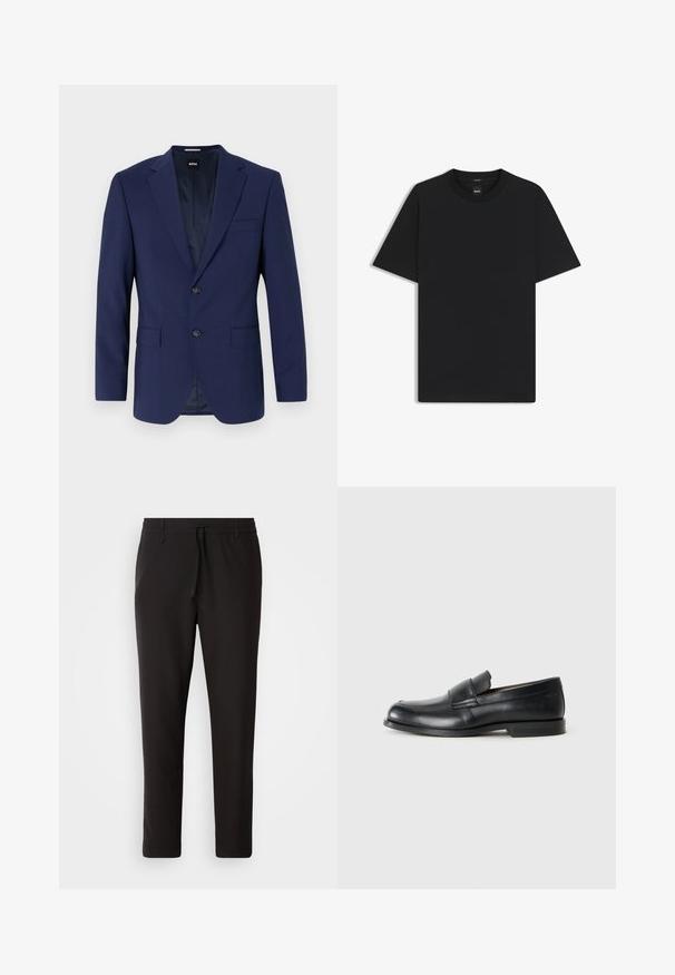 Blazer blu navy con spalle strutturate, design monopetto, due tasche frontali, chiusura a un bottone, tessuto liscio e motivo interno discreto.; Maglietta nera a maniche corte realizzata in un morbido misto cotone, con scollatura a girocollo e un design minimalista senza motivi o dettagli.; Pantaloni jogger neri realizzati in tessuto liscio. Presentano una vita elasticizzata con stringa, gambe affusolate e senza tasche visibili. Design semplice.; Mocassini in pelle nera con punta rotonda, dettagli cuciti e suola piatta in gomma. Presentano una banda ampia sopra il collo del piede.