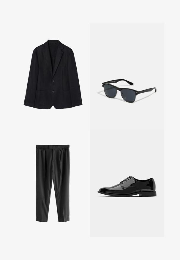 Námornícky ľanový blejzer má predný zapínací systém na dva gombíky, reverzibilné klopy, dve predné vrecká a gombíkové manžety, čo vytvára elegantný siluetu.; Tmavozelená košeľa na gombíky s golierom, dlhými rukávmi a jednou náprsní kapsou; má biele gombíky a jemnú textúru.; Next REGULAR FIT -CHECK SMART - Nohavice chinos - black; Čierne lakované kožené topánky s okrúhlou špičkou, šnurovací dizajn a hladký, lesklý povrch. Obsahujú nízky gumový podrážku.; Čierne slnečné okuliare s obdĺžnikovým tvarom, tmavými sklami, striebornými akcentmi na bočných okrajoch a matným povrchom rámu.
